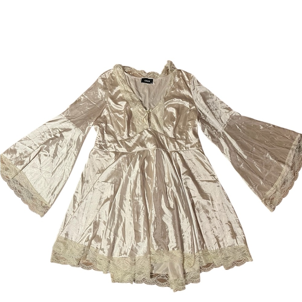SOLD Cider 3X Shimmering Satin Lace Cream V-Neck Babydoll Fairy Mini Slip Dress - Picture 2 of 10